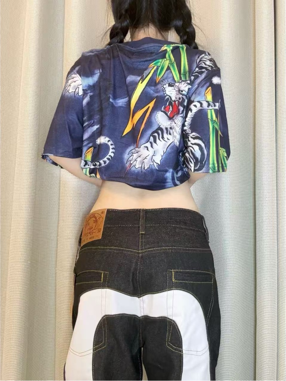 Evisu Navy Blue Graphic Tiger Cropped Tee with Green & Yellow Accents